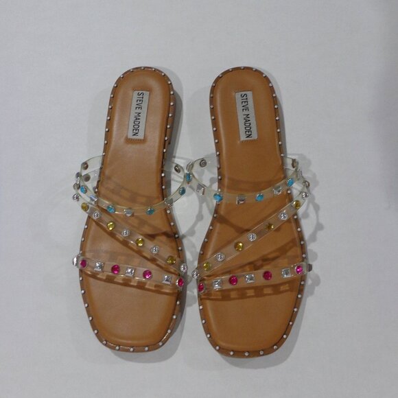 Steve Madden Womens Multicolor Jeweled Studded Clear Strappy Sandal Shoes Sz 9.5 - Picture 1 of 5